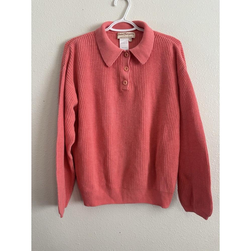 Norm Thompson Women's XL Coral Pink Linen Cotton Knit Polo Sweater Long Sleeve